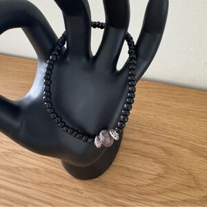 Glass Beaded Elastic Bracelet Black Silver Agate Metal Antique Rondelle